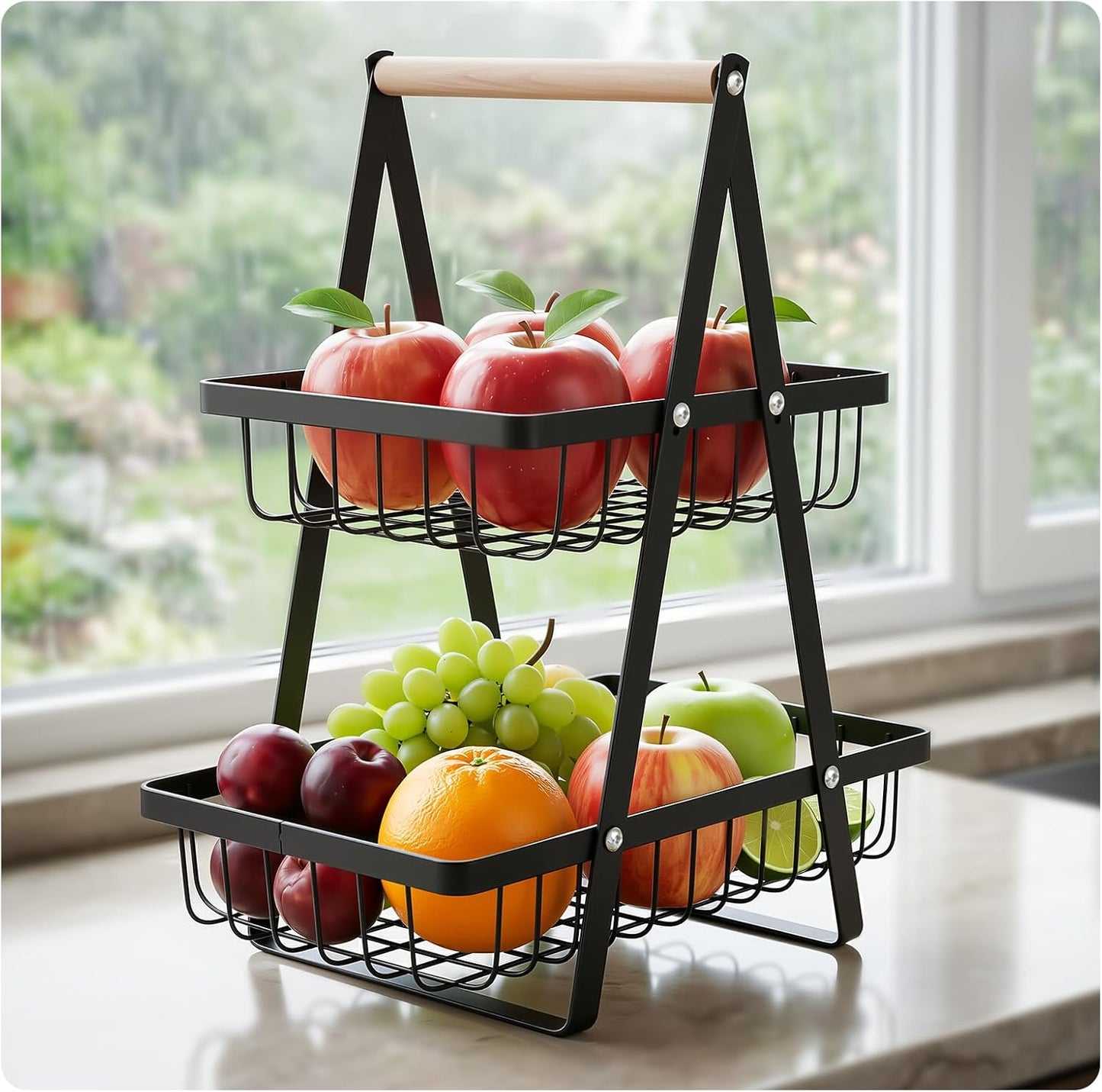 2 Tier Fruit Basket for Kitchen Counter, Detachable Stainless Steel Fruit Bowl with Wooden Handle, Rustproof Wire Produce Basket and Vegetable Storage Stand for Countertop, Black