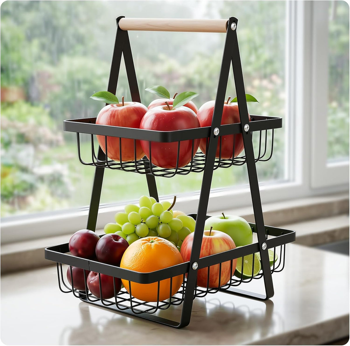 Detachable 2 Tier Fruit Basket for Kitchen Counter, Stainless Steel | Suitable for sorting produce, bread, and snacks in black rectangular baskets with a wooden carry handle for easier access