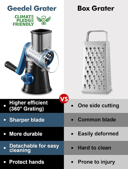 Geedel Rotary Cheese Grater, Kitchen Mandoline Vegetable Slicer with 3 Interchangeable Blades, Easy to Clean Rotary Grater Slicer for Cheese, Vegetables, Nuts