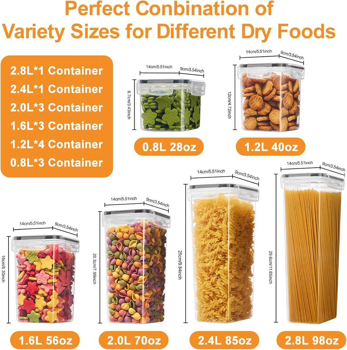 15PC Pantry Storage Containers, Airtight Food Storage Containers with Lids, BPA Free Kitchen and Pantry Organization and Storage Set for Pasta, Dry Food, Flour and Sugar, Cereal