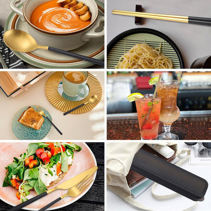 AARAINBOW 6 Pieces 18/8 Stainless Steel Flatware Set Portable Reusable Cutlery Set Travel Utensils Set Including Chopsticks Knife Fork Spoon Straws Cleaning Brush Dishwasher Safe (Green golden)