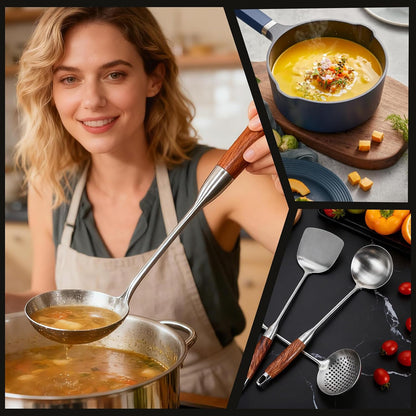 304 Stainless Steel Wok Utensils Set, 3-Piece 15 Inch Extra Long Professional Wok Tools with Wooden Handle, Includes Spatula, Skimmer & Soup Ladle for Carbon Steel Wok