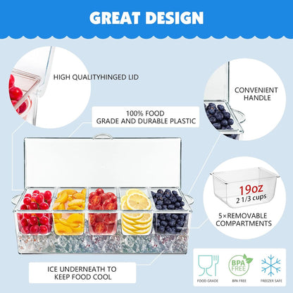 Ice Chilled Party Platter, 15 Inch Clear Veggie Fruit Trays with Lid and Dip, Cold Food Serving Trays for Parties, Charcuterie Boards with Ice Tray on Bottom