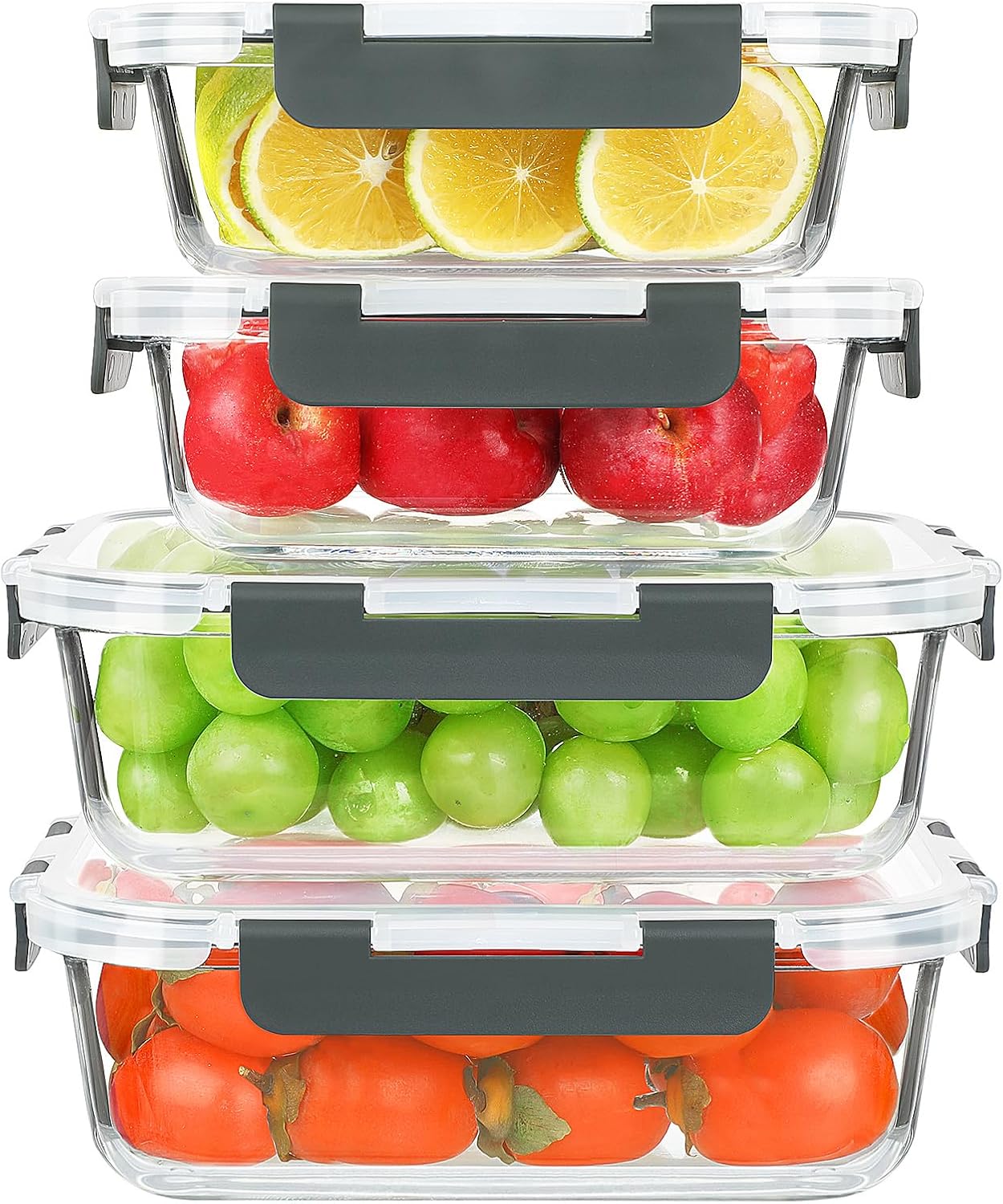 KOMUEE 4 Pack 52oz+22oz Large Glass Food Storage Containers Set with Airtight Lids, BPA-Free & Leak Proof, Ideal for Meal Prep, Freezer, Microwave, Oven and Dishwasher Safe