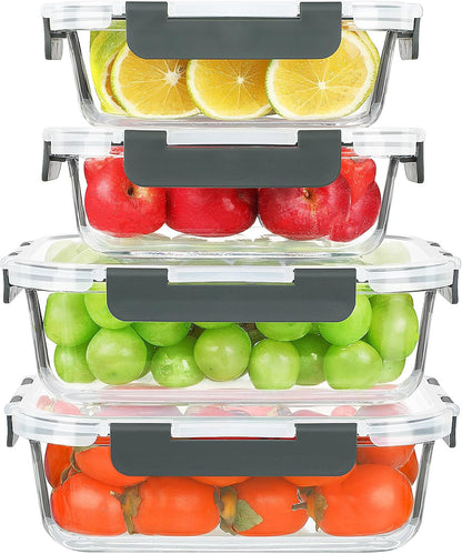 KOMUEE 4 Pack 52oz+22oz Large Glass Food Storage Containers Set with Airtight Lids, BPA-Free & Leak Proof, Ideal for Meal Prep, Freezer, Microwave, Oven and Dishwasher Safe