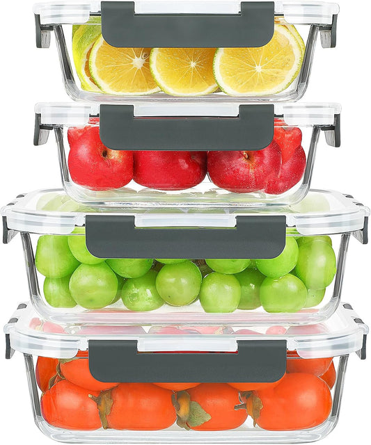KOMUEE 4 Pack 52oz+22oz Large Glass Food Storage Containers Set with Airtight Lids, BPA-Free & Leak Proof, Ideal for Meal Prep, Freezer, Microwave, Oven and Dishwasher Safe