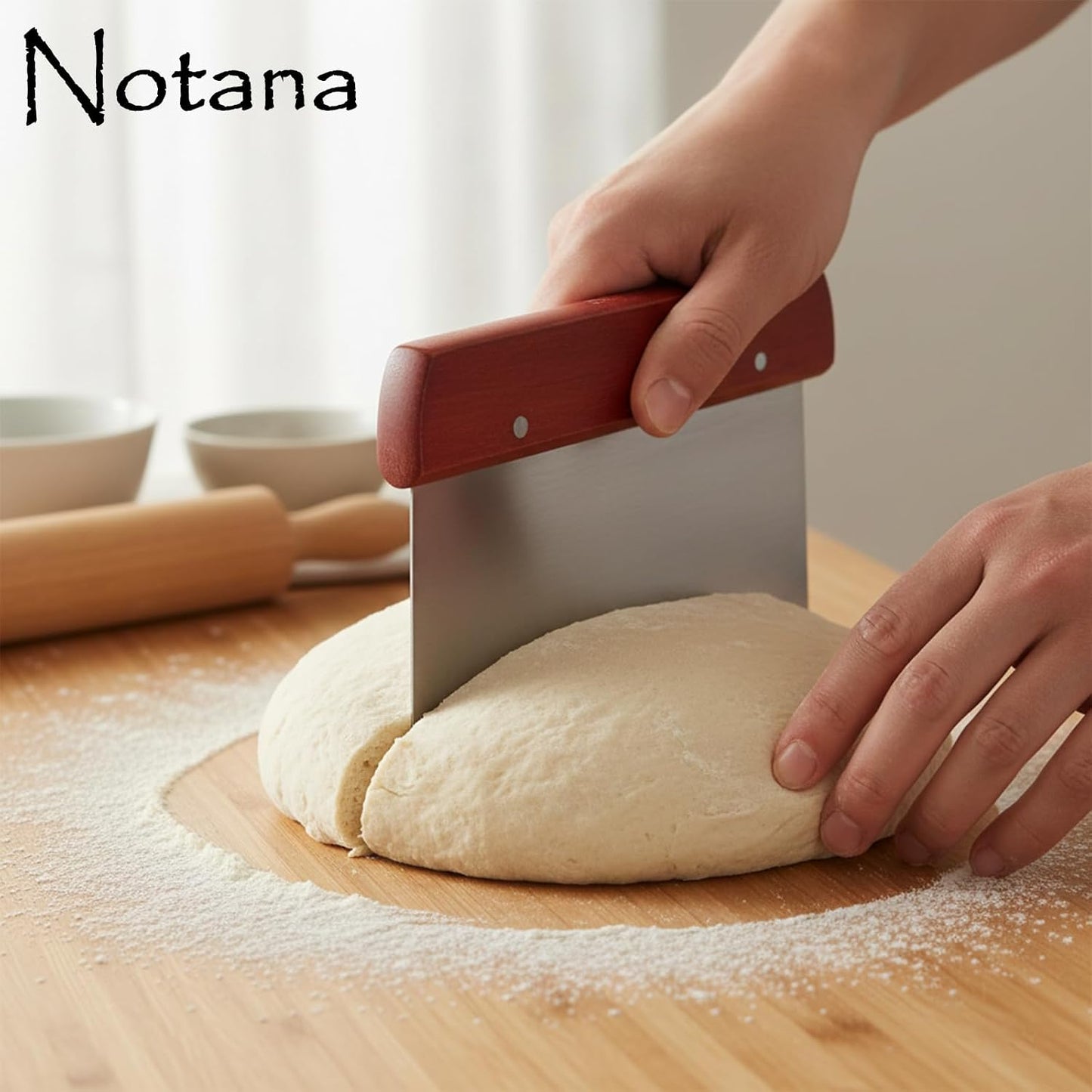 Wood Bench Scraper Stainless Steel - Professional Dough Cutter Tool for Bread Making, Pastry Scraper, Premium Multi-Purpose Kitchen Scraper for Baking and Chopping