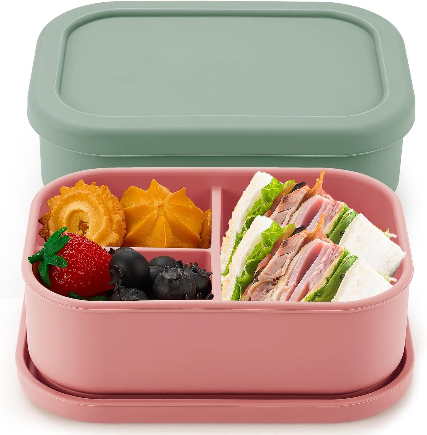 Layhit 4 Pcs Silicone Bento Box for Adults, 27 oz Bento Lunch Container Reusable 3 Compartment Lunchable Food Container for Women Men, Leak Proof Microwave Dishwasher Freezer Safe (Cool Colors)