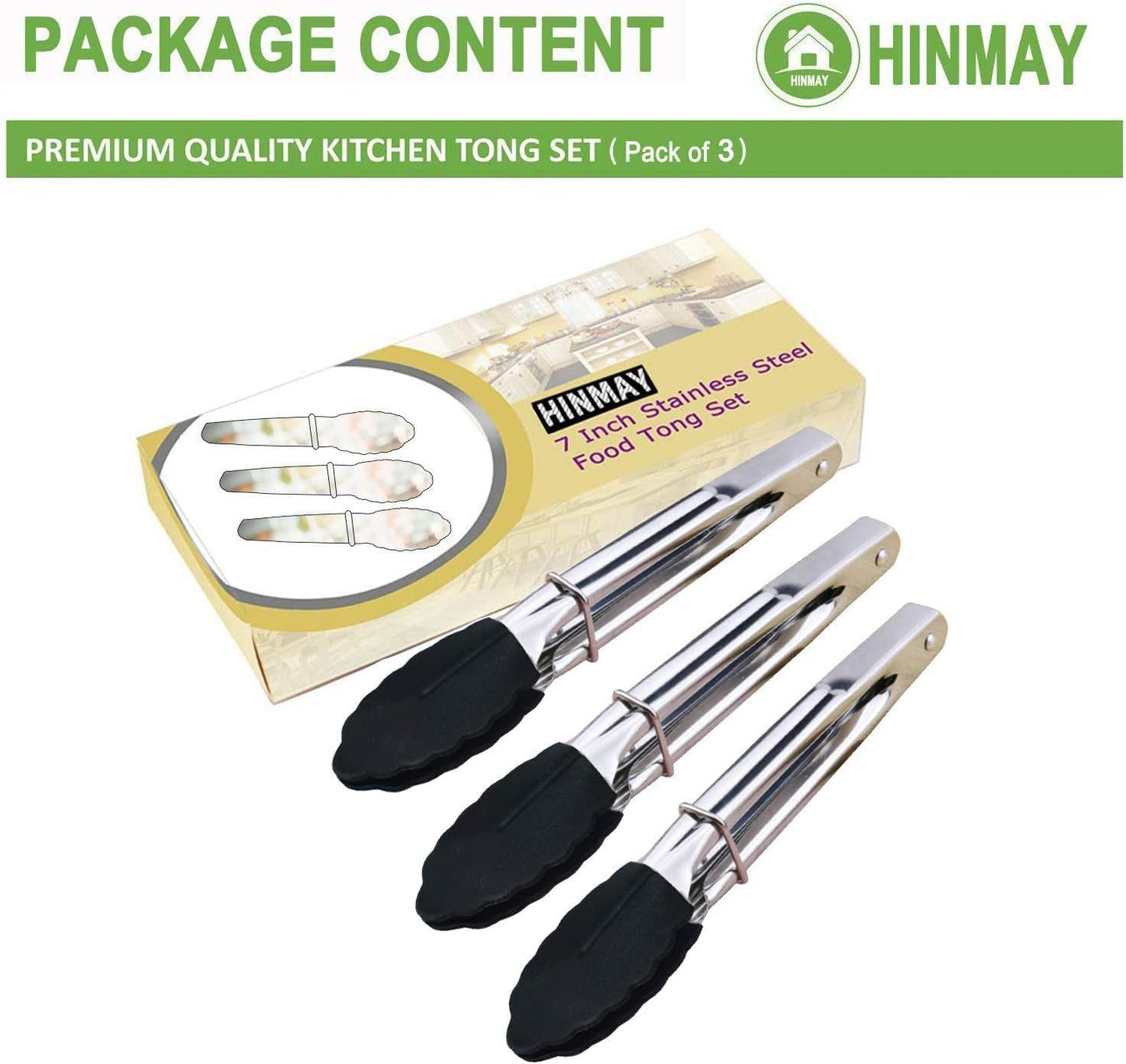 HINMAY Mini Stainless Steel Food Tongs with Silding Rings 7-Inch, Set of 6 | Small Clam Shell Service Tongs for Serving Appetizers, Desserts, Salads, Barbecue and Cooking (Silver)