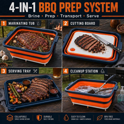 Collapsible BBQ Prep Tub with Convertible Cutting Board Design & Serving Lid – XL Brine Container & Meat Prep System for Brisket, Smoking, Grilling, Camping & Tailgating
