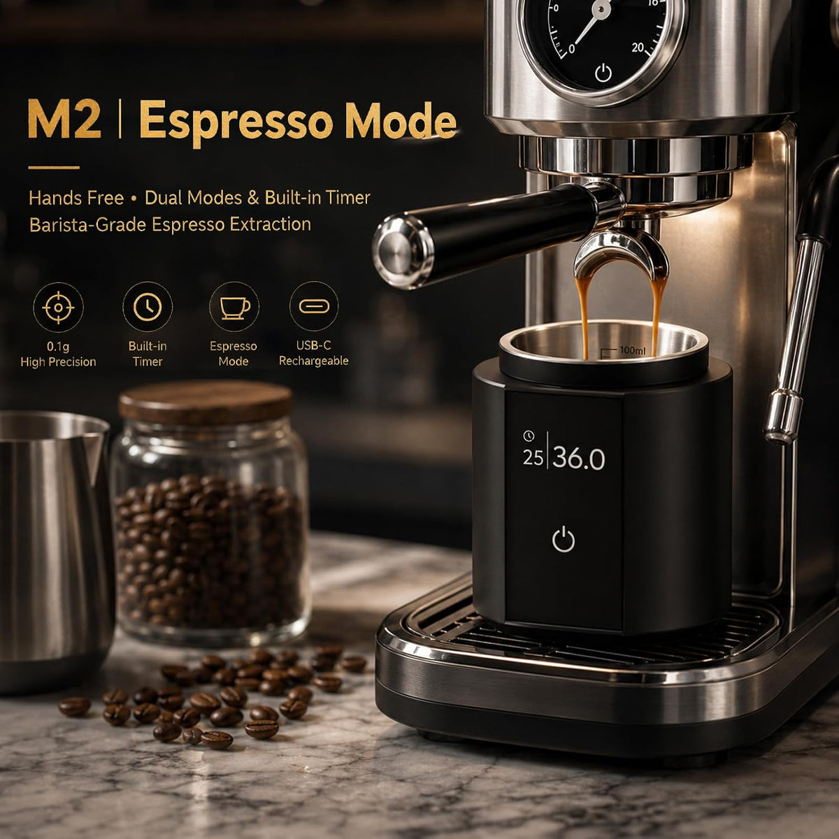 Espresso Scale with Auto Timer, 3‑in‑1 SUS304 Coffee Dosing Cup, 0.1g Precision 300g, USB‑C Rechargeable OLED Display, Portable Shot Scale for Coffee Beans & Ground Powder, Black