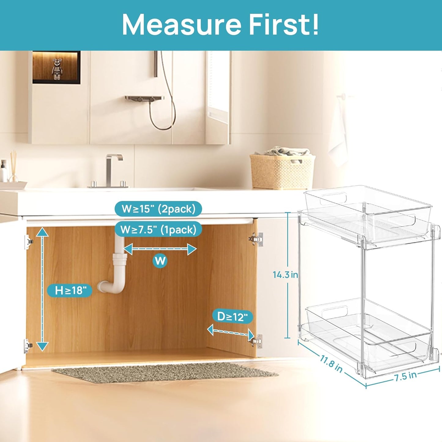Vtopmart 4 Pack Bathroom Under Sink Organizers Organizer, 2 Tier Clear Pull-Out Organization (S-Standard)