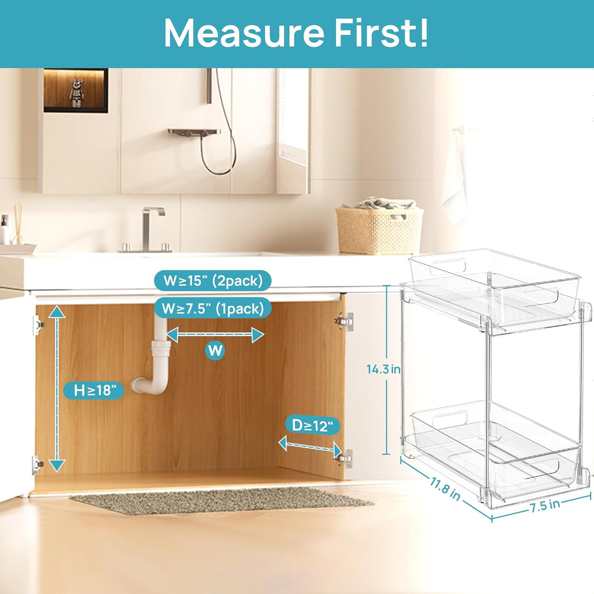 Vtopmart 4 Pack Bathroom Under Sink Organizers Organizer, 2 Tier Clear Pull-Out Organization (S-Standard)