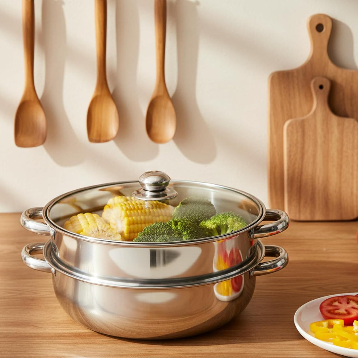 ZENFUN Steamer Pot With Lid 2 Tier, Multipurpose Stainless Steel Steaming Pot, Steam Pots With Handle For Vegetable, Dumpling, Food, 11 Inch（Thickened）