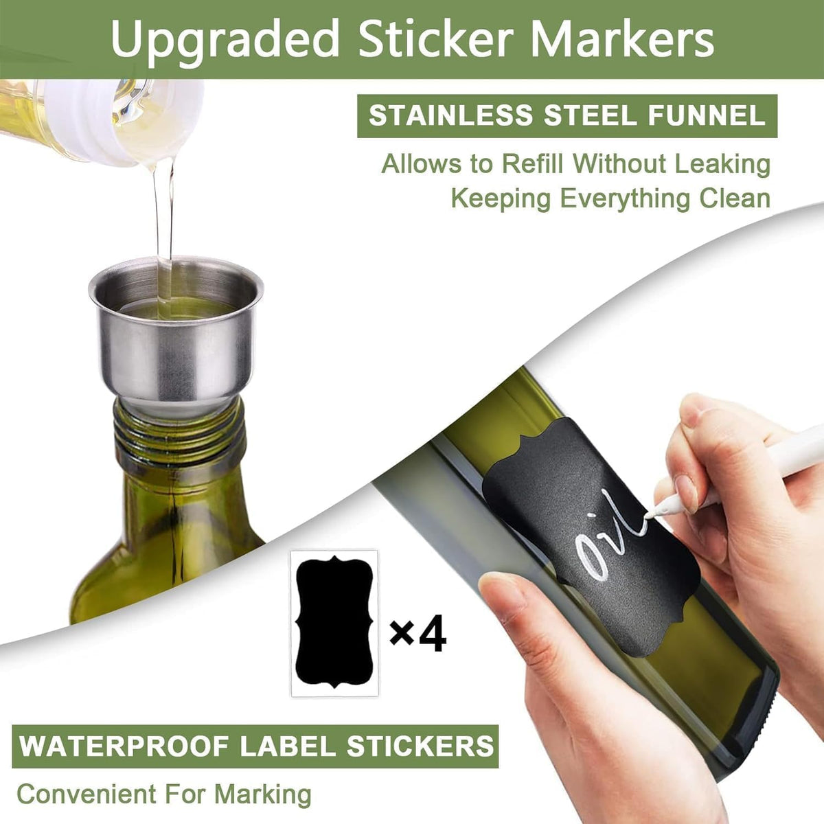 Leaflai 17oz Olive Oil Dispenser Bottle, 500ml Oil & Vinegar Cruet with 2 Stainless Steel Pourers, 2 Labels,1 Brush and 1 Funnel for Kitchen