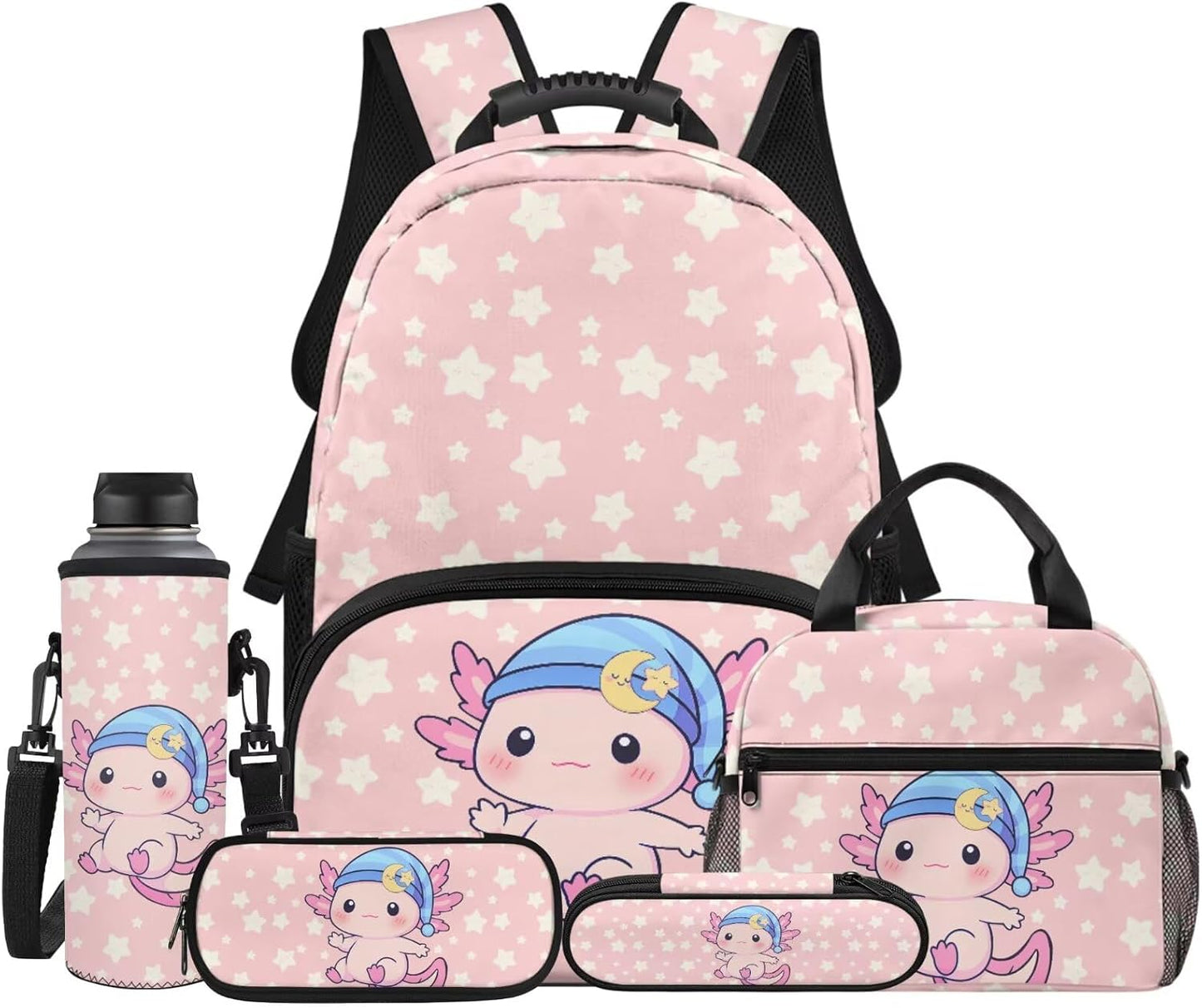 Cute Capybara Pizza Backpack for Girls, 5 Pcs Boys School Bag Set for Kids, 17 Inch Backpacks Lunch Pencil Box Reusable Utensils Case Set for Middle Elementary School, 3rd Grade Backpack
