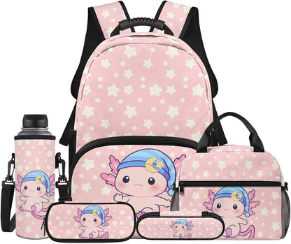 Cute Capybara Pizza Backpack for Girls, 5 Pcs Boys School Bag Set for Kids, 17 Inch Backpacks Lunch Pencil Box Reusable Utensils Case Set for Middle Elementary School, 3rd Grade Backpack