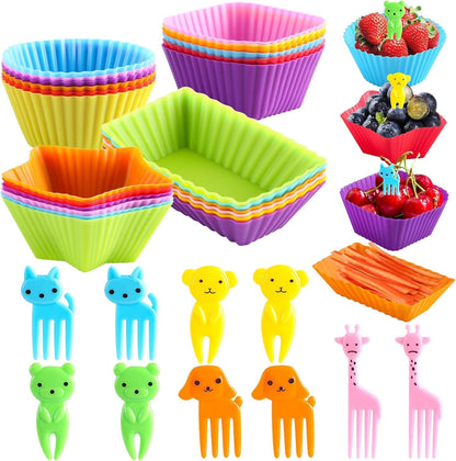 Silicone Lunch Box Dividers,24 pcs Bento Box Dividers with 10 Animal Picks,Silicone Bento Box Inserts,Cupcake Baking Cups,Muffin Pan Liners,Reusable and BPA Free