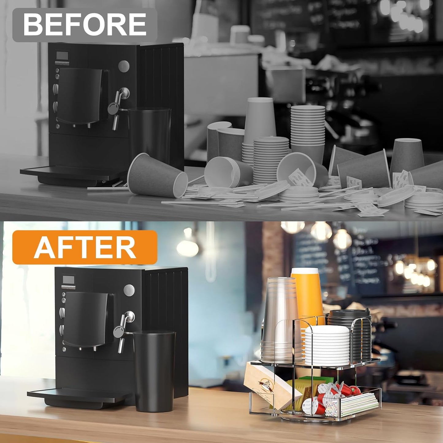 Beego Rotatable 4-Compartment Acrylic Cup Dispenser - Coffee Station Cup and Lid Carousel Countertop Plastic Cup Holder for Restaurant Breakroom Coffee Bar