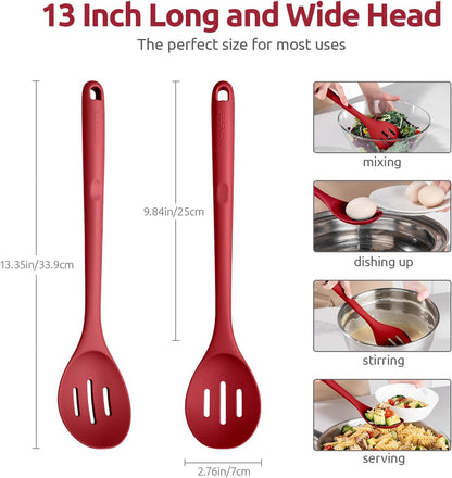 600ºF Heat Resistant Silicone Spoons: U-Taste 13.3in Solid & Slotted Kitchen Cooking Tool, Nonstick Long Rubber Utensil, Sturdy for Mixing, Serving, Stirring, Frying, Basting (Aqua Sky, 2PCS)