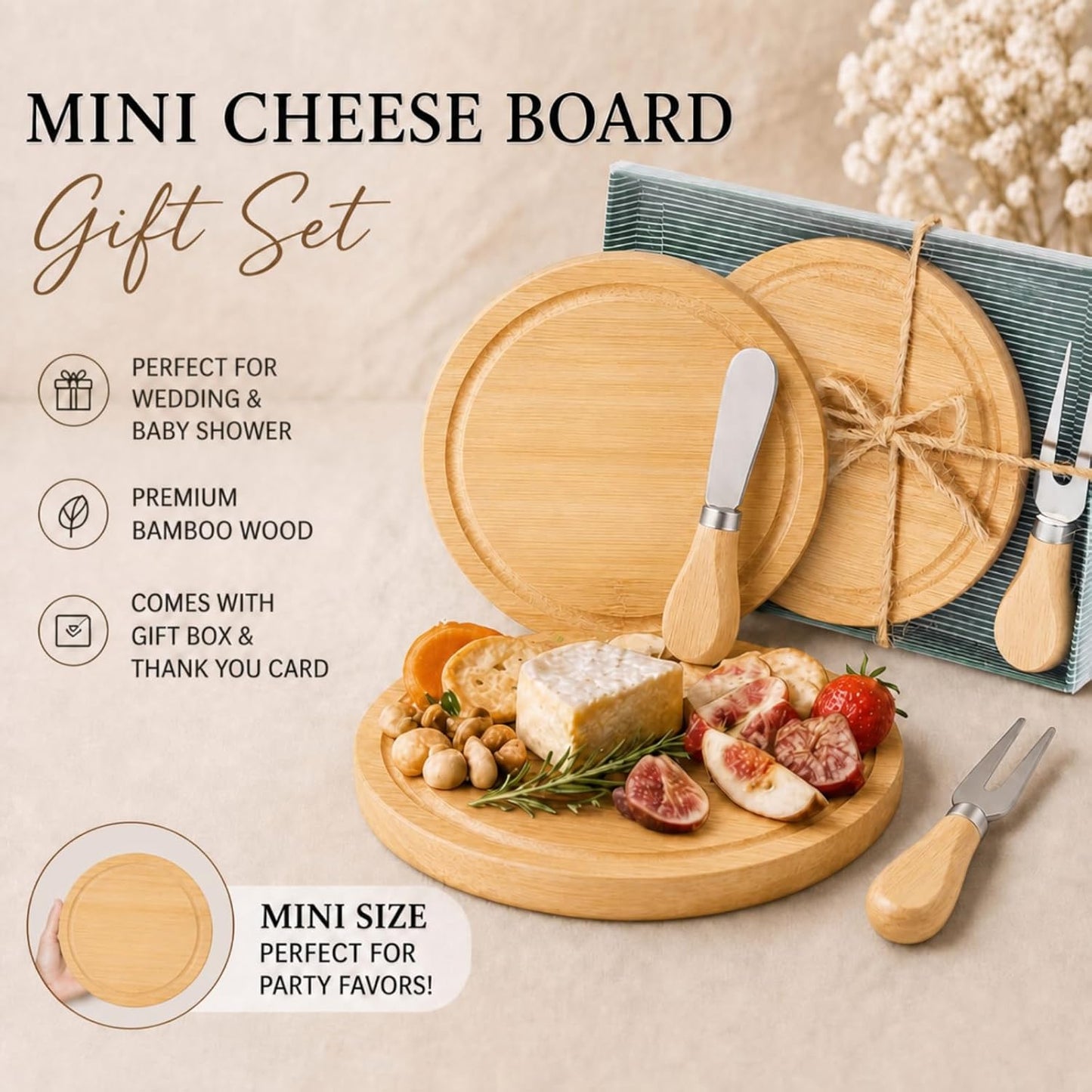 Maxcheck 6 Sets Baby Shower Bridal Game Prizes for Winners Round Cheese Board Set Wood Mini Charcuterie Board with Knives and Forks Thank You Card with Gift Box for Guests Wedding (Bamboo)
