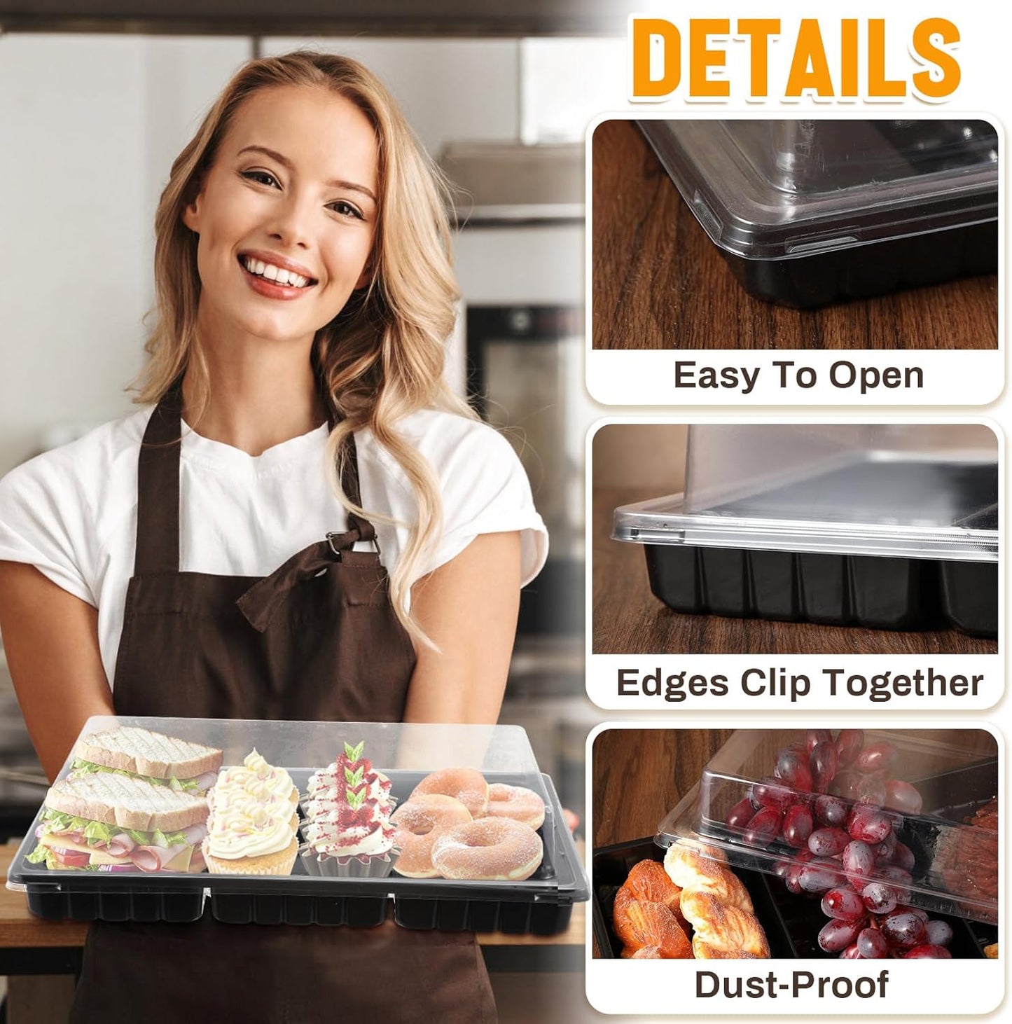 Shellwei 5 Pack Extra Large Charcuterie Board with Lid 15 x 10 Inch 3 Section Divided Catering Trays with Lids Large Disposable Travel Catering Serving Trays Platter (Black)