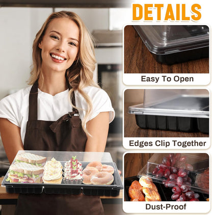 Shellwei 5 Pack Extra Large Charcuterie Board with Lid 15 x 10 Inch 3 Section Divided Catering Trays with Lids Large Disposable Travel Catering Serving Trays Platter (White)