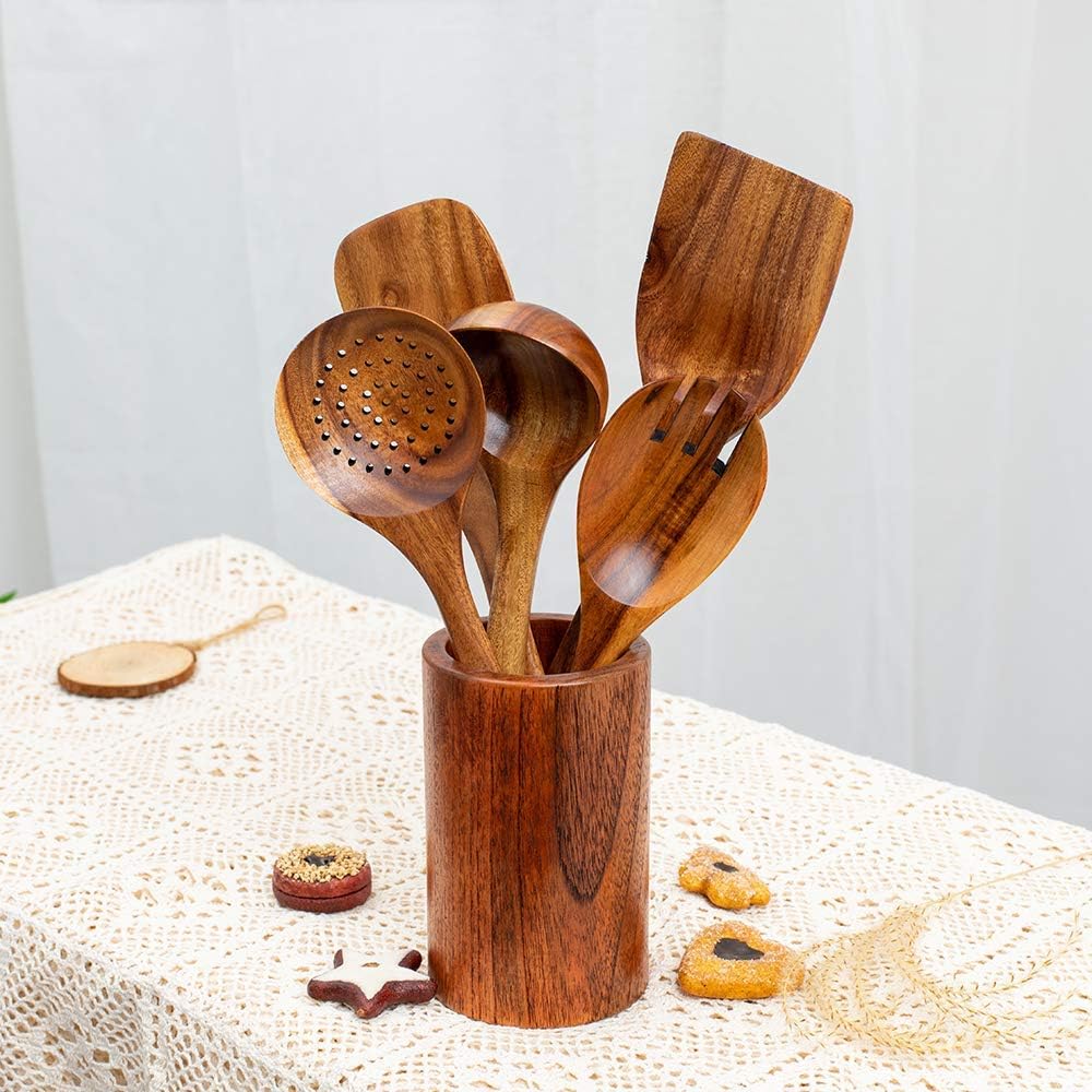 Wooden Spatulas, Natural Acacia Wooden Cooking Utensils Set for Non-stick Pan Kitchen Tool, flipping and Wok Spatula, Wooden Spoons & Spurtle for Cooking