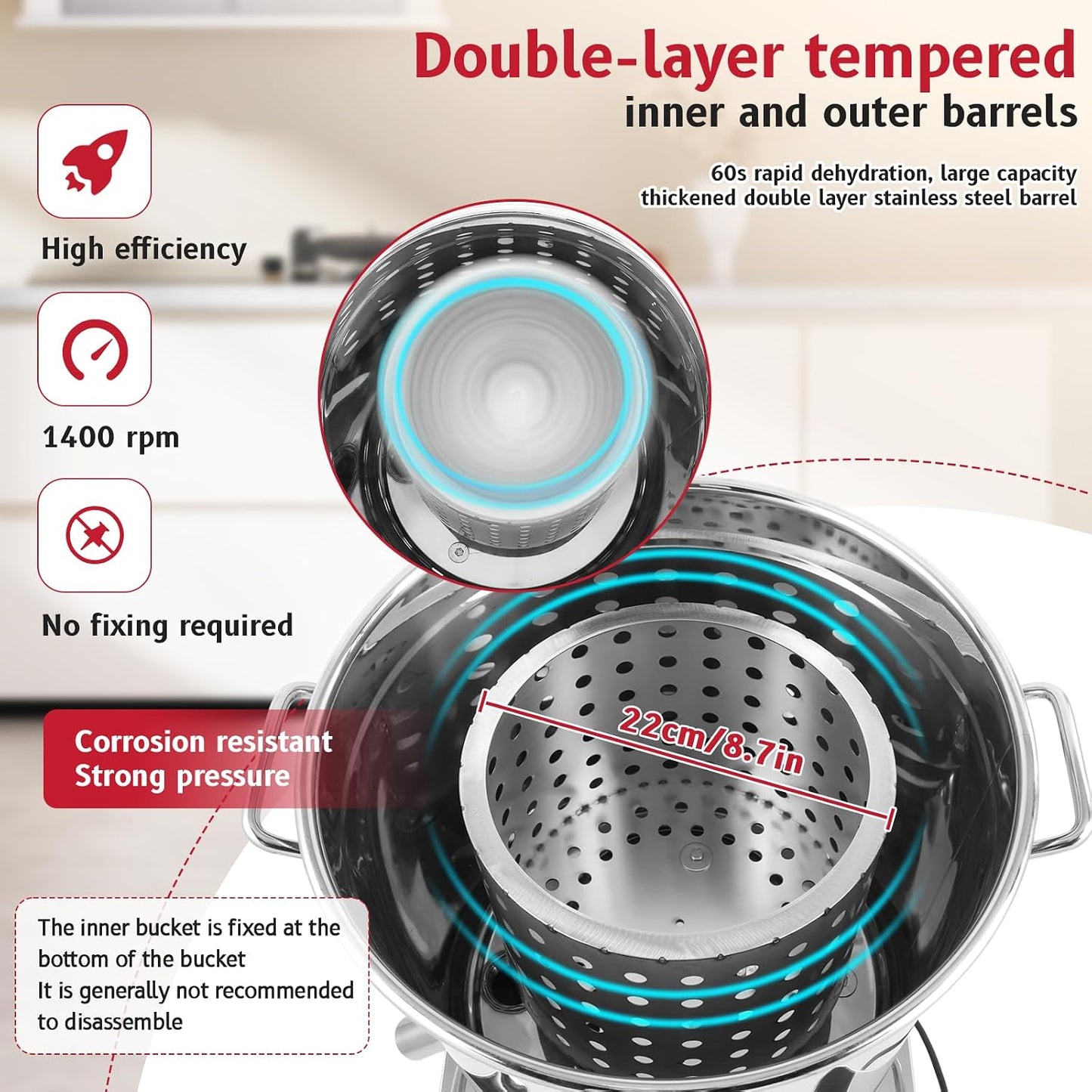 JIAWANSHUN Electric Commercial Salad Spinner Large Inner Capacity 10L(3kg Vegetable), 110V Stainless Steel Lettuce Spinner Vegetable Dryer for Canteens Hotels and Restaurants, One Key Switch