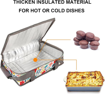 Pioneer Woman Style Insulated Casserole Carrier for Hot or Cold Food, Fits 9x13 Baking Dish,Floral Thermal Lasagna Lugger Tote with Oven Mitts and Pot Holders Set,Gift for Women, Mother's Day.3 PCS