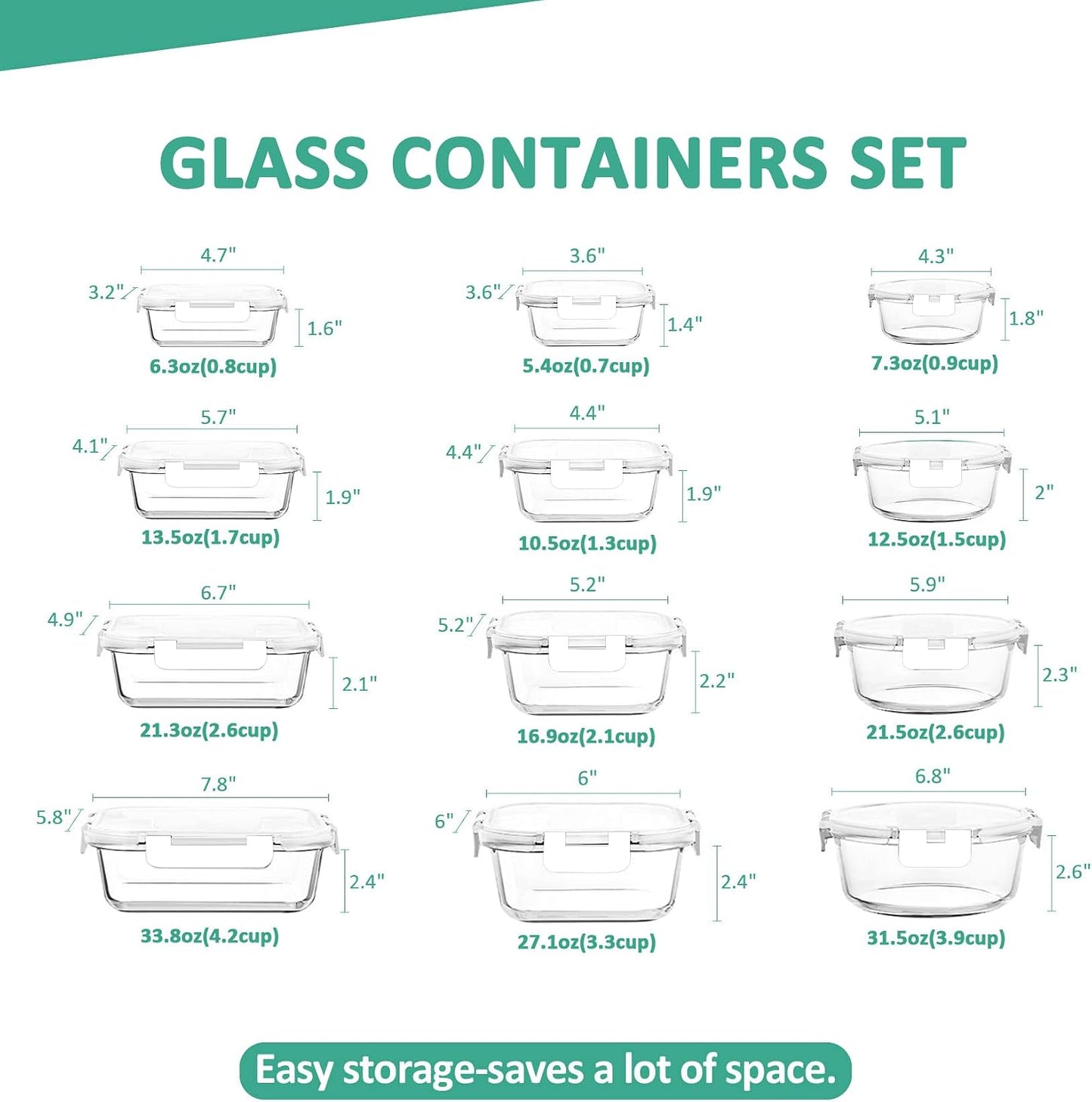 KOMUEE 24 Pieces Glass Food Storage Containers Set, Meal Prep Containers-Stackable Airtight Glass Storage Containers with lids,Freezer, Microwave, Oven Safe,Green