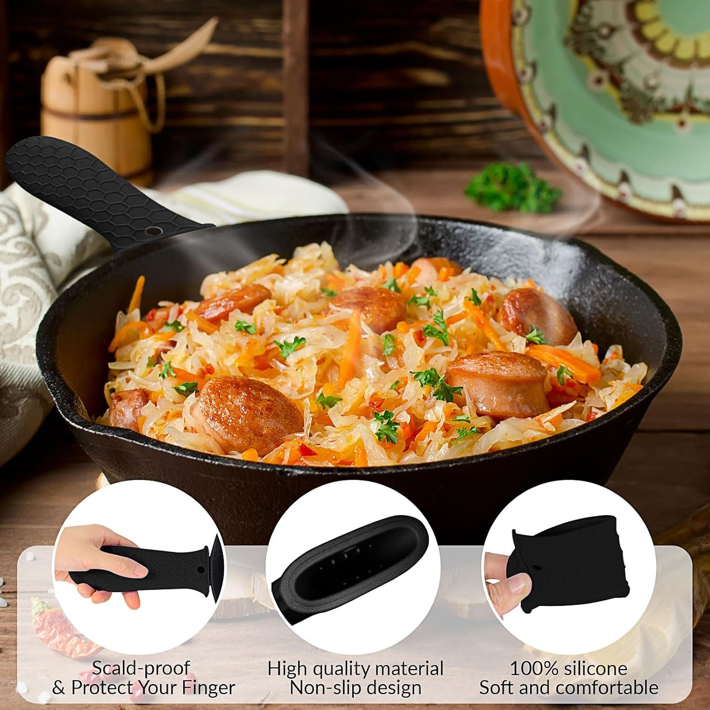 3 Piece Silicone Cast Iron Handle Cover with Pot Handle Covers Set，Cast Iron Handles Sleeve (Black-Small)