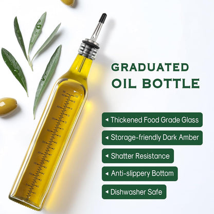 AOZITA 17oz Glass Olive Oil Bottle Dispenser - 500ml Green Oil and Vinegar Cruet with Pourers and Funnel - Olive Oil Carafe Decanter for Kitchen