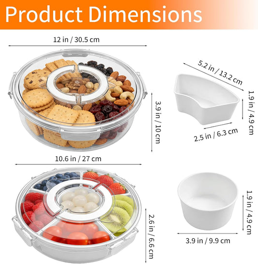 2 Pack Divided Rotating Serving Tray with Lid and Handle, Portable Snack Box Container for Fruits Candy Organizer, Stackable Spinning Rounded Veggie Tray for Kitchen and Picnic, 2 Sizes