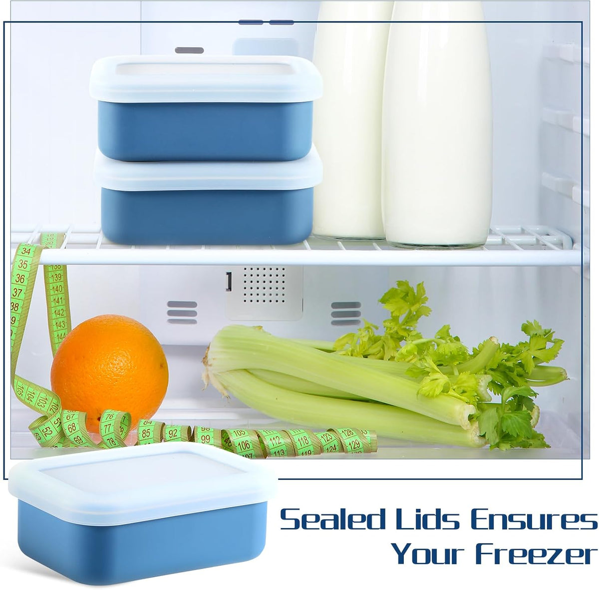 Lemecima 8 Pcs 1 Cup Silicone Freezer Trays with Lid - Rectangle Soup Freezer Containers - Reusable Food Preserving Tray - Freezing Ice Trays for Soups Sauces Stews (Sage Green, Dark Blue)