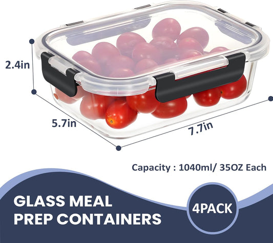 HOTEC 35OZ Glass Food Storage Container, Airtight Glass Lunch Fruit Containers with Lids - Microwave, Oven, Freezer and Dishwasher Safe, 4-PACK