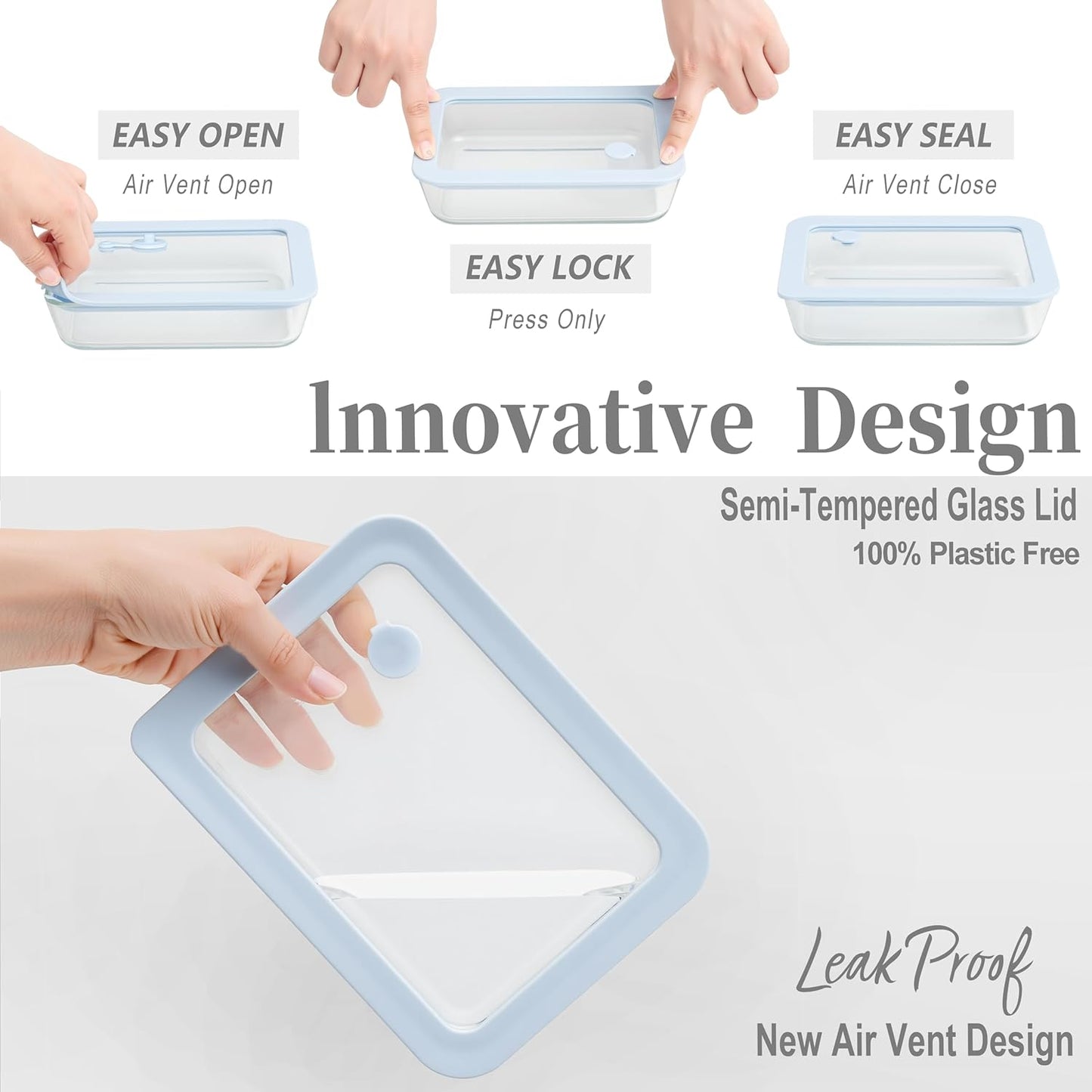 Urban Green Glass Food Container Set with Glass Lid, 5 Pack, Meal Prep Containers with Silicone Framed Airtight Lid, Leakproof, 100% Plastic Free