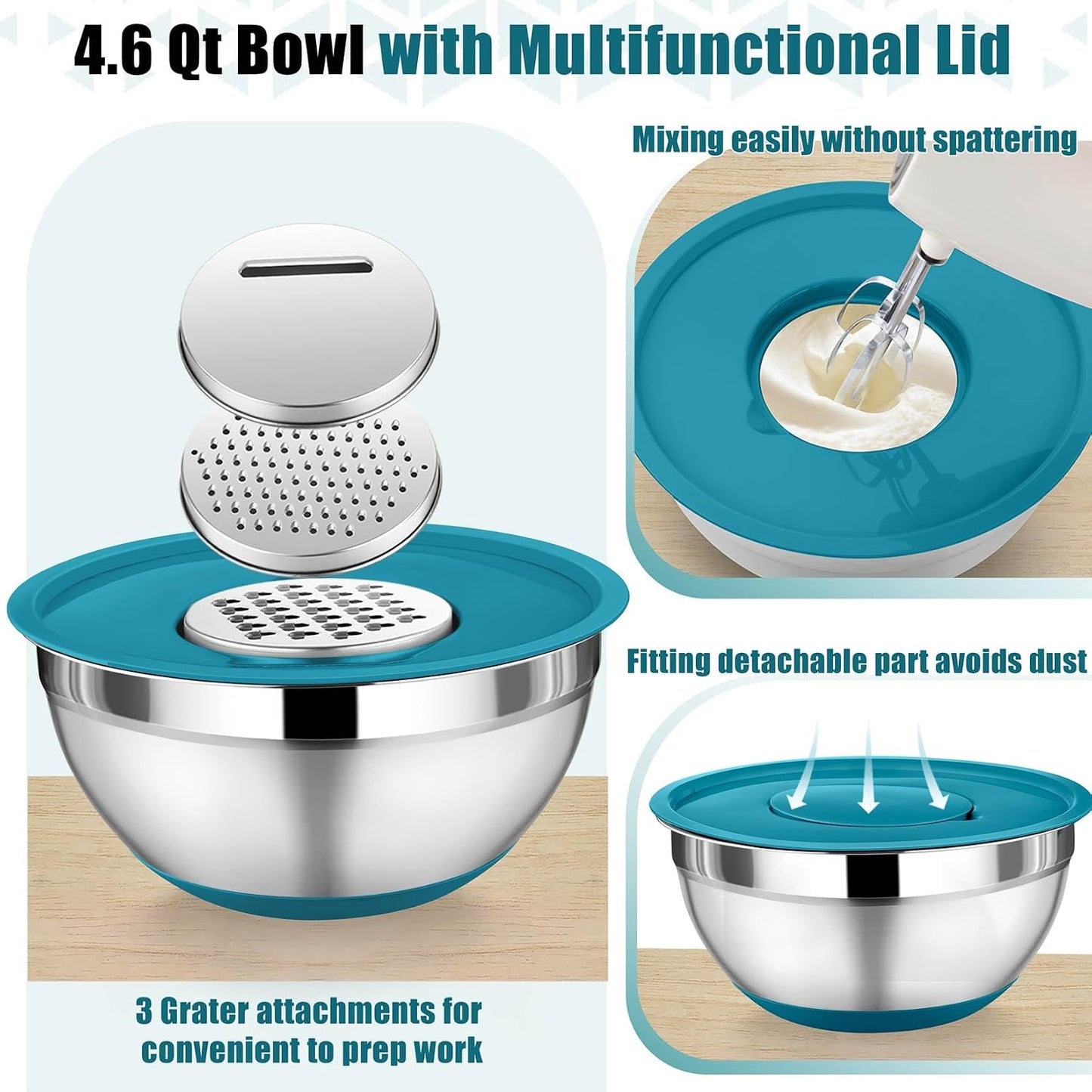 P&P CHEF Mixing Bowl with Lid Set, 5 Piece Stainless Steel Mixing Nesting Bowls for Salad Storage, 3 Grater Attachments & Non-Slip Bottoms, Size 1/1.5/2 / 2.6/4.6 QT, Black