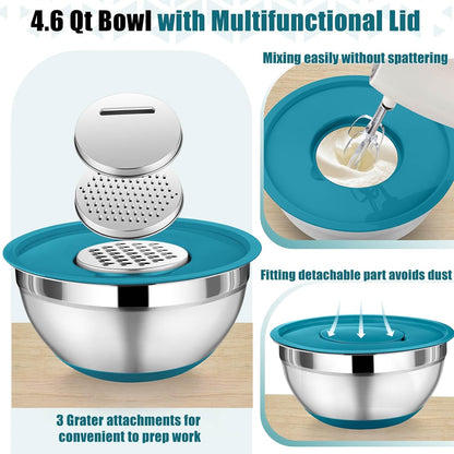 P&P CHEF Mixing Bowl with Lid Set, 5 Piece Stainless Steel Mixing Nesting Bowls for Salad Storage, 3 Grater Attachments & Non-Slip Bottoms, Size 1/1.5/2 / 2.6/4.6 QT, Black