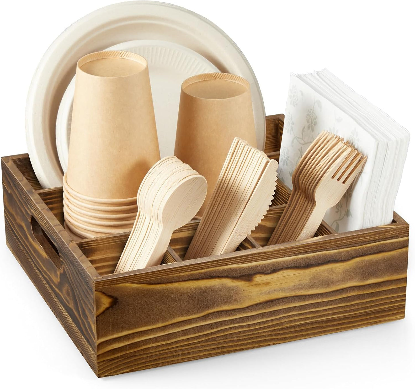 Acacia Wood Utensil Holder for Party, 6-Compartment Paper Plate and Silverware Organizer with Handles, Rustic Utensil Caddy for Parties, Outdoor Gatherings, and Kitchen Countertop Organization