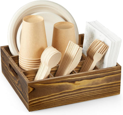 Acacia Wood Utensil Holder for Party, 6-Compartment Paper Plate and Silverware Organizer with Handles, Rustic Utensil Caddy for Parties, Outdoor Gatherings, and Kitchen Countertop Organization