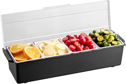 VEVOR Chilled Condiment Server Caddy, 5 Compartment Ice Cooled Serving Container, Plastic Fruit Garnish Tray Platter with Lid, for Taco Salad Bar Accessories, Party Home Restaurant Supplies