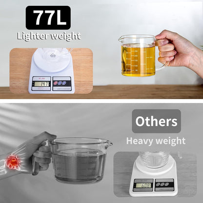 77L 3 Pack Glass Measuring Cup Set (1 1/4, 2 & 4 Cup) [Insulated handle, V-Shaped Spout], High Borosilicate Liquid Glass Measure Cup for Kitchen, Easy To Read, Dishwasher, Freezer, and Microwave Safe