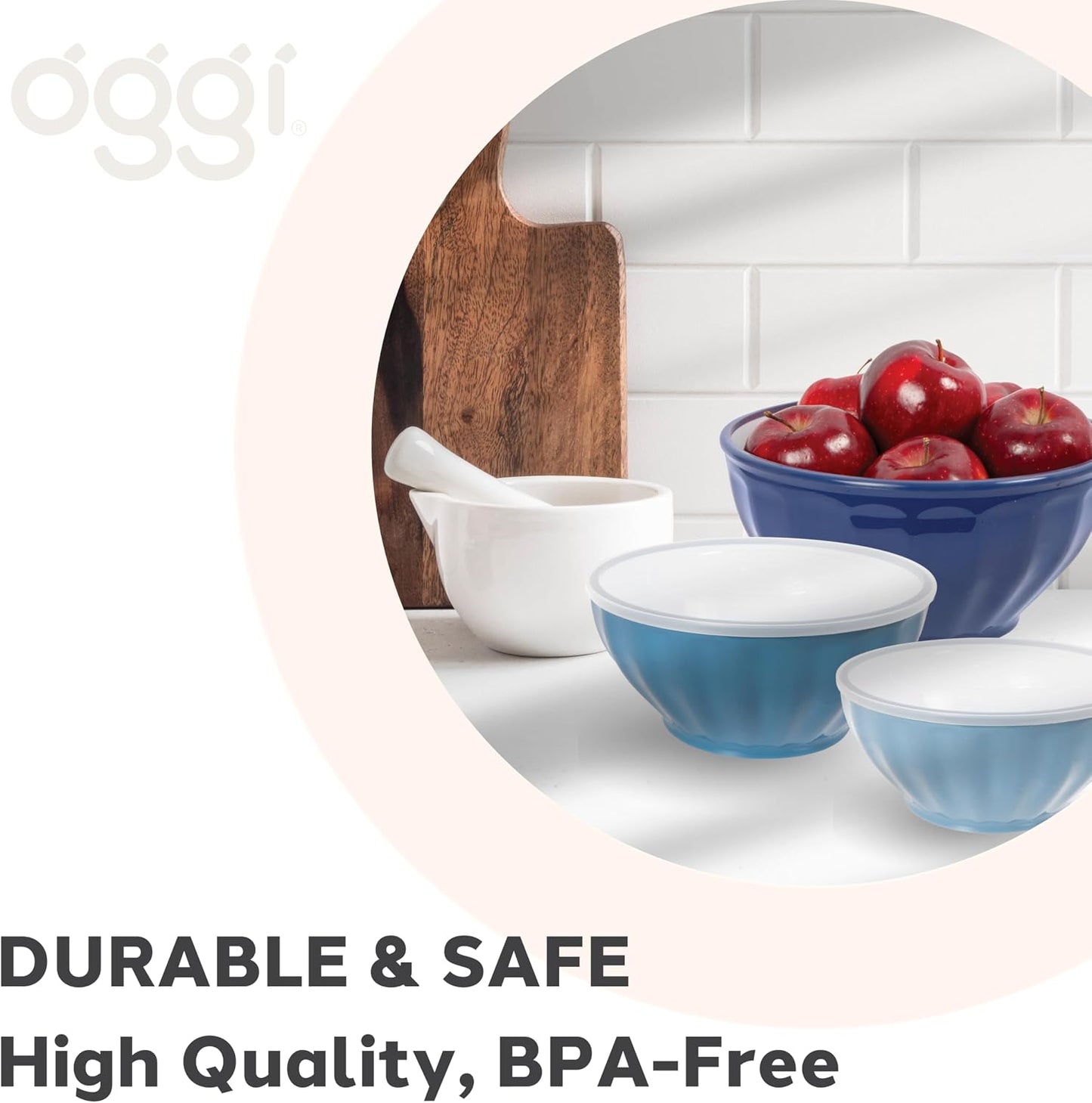 Oggi Set of 3 Ribbed Mixing Bowls with Lids - Nested Plastic Bowls for Kitchen, Durable Mixing Bowls Set, BPA-Free Plastic Bowls with Lids - 1.6, 2.6, 3.7 Qt