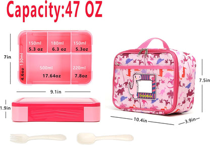 Kids Dinosaur Lunch Bag with Reusable Bento Box, Insulated & Leak-Proof Lunch Container Set with Name Tag, 6 Compartments, Fork & Spoon, Ideal for School, Travel, and Picnics (Pink Dinosaur)