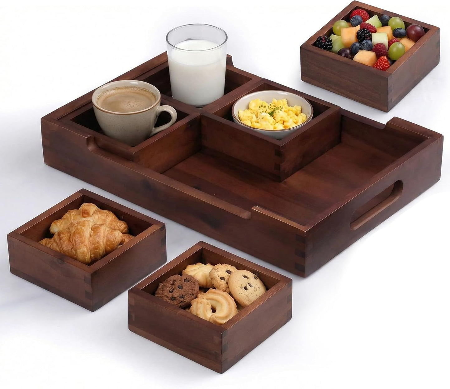 Set7 Wood Serving Tray With Handles And Lid – Large Rectangular Breakfast & Ottoman Tray with Raised Edges, Serving Platter Snack Tray, Serving Tray with Food, Drinks, Appetizer Dishes & Dessert Trays