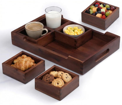 Set7 Wood Serving Tray With Handles And Lid – Large Rectangular Breakfast & Ottoman Tray with Raised Edges, Serving Platter Snack Tray, Serving Tray with Food, Drinks, Appetizer Dishes & Dessert Trays