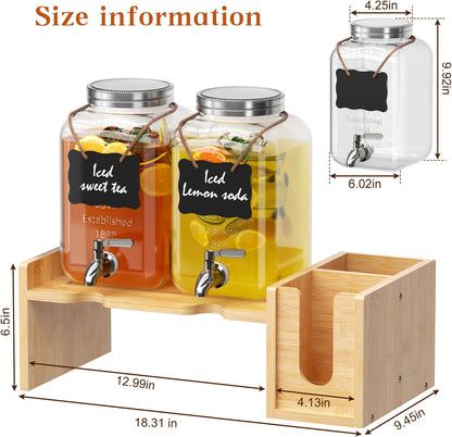 2-pack 1 Gallon Drink Dispenser,Glass Beverage Dispenser with Spigot,Lemonade dispenser Bamboo Stand for Outside, Glass Drink Dispensers for Parties with Ice Core