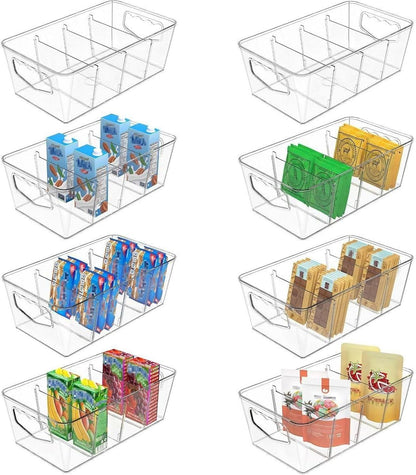 Clear Pantry Organizer Bins with Removable Dividers - Stackable Kitchen and Fridge Storage Containers, 10.45” D x 5.95” W x 3.55” H, 8-Pack