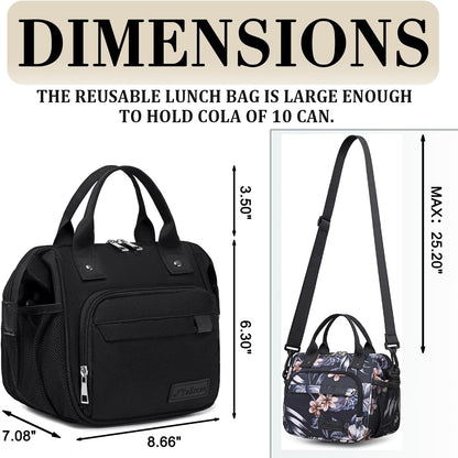 TuErCao Small Lunch Bag Lightweight Insulated Lunch Box for Women Work Portable Soft Cooler for Picnic Travel Road Trips, Loncheras para Mujer, Black